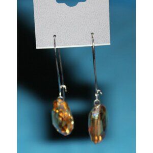 Express Faceted Amber Iridescent Charm Dangling Silver Wire Hook Earrings Vintag